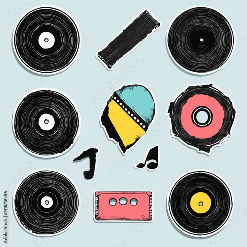 Flat vector sticker pack of vinyl record elements: tapes, labels, textured shapes, retro vibes. Ideal for posters, packaging, or digital media design