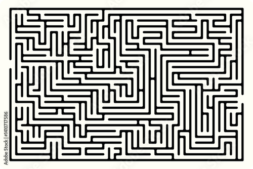 Fun labyrinth (maze) game rectangular shape. Vector graphic illustration of complex labyrinth.