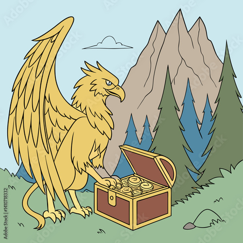 Majestic Griffin guarding a mountain treasure in detailed vector art, perfect for fantasy-themed projects and digital designs.