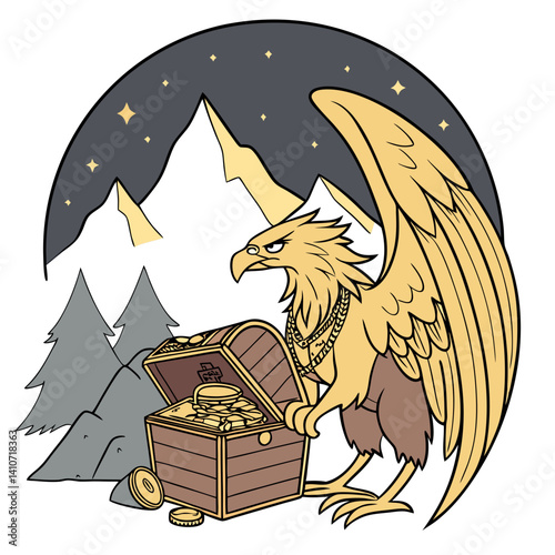 Majestic Griffin guarding a mountain treasure in detailed vector art, perfect for fantasy-themed projects and digital designs.