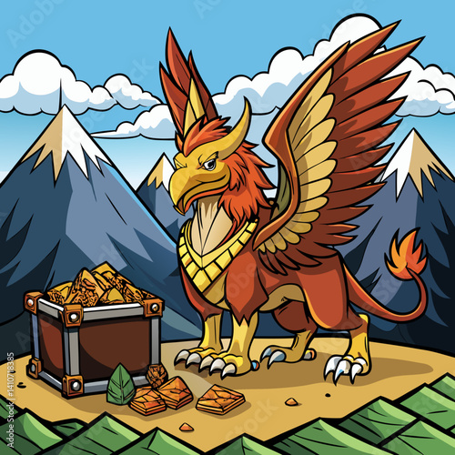 Majestic Griffin guarding a mountain treasure in detailed vector art, perfect for fantasy-themed projects and digital designs.