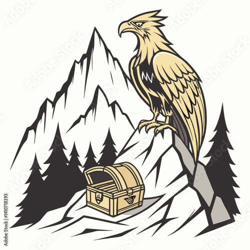 Majestic Griffin guarding a mountain treasure in detailed vector art, perfect for fantasy-themed projects and digital designs.