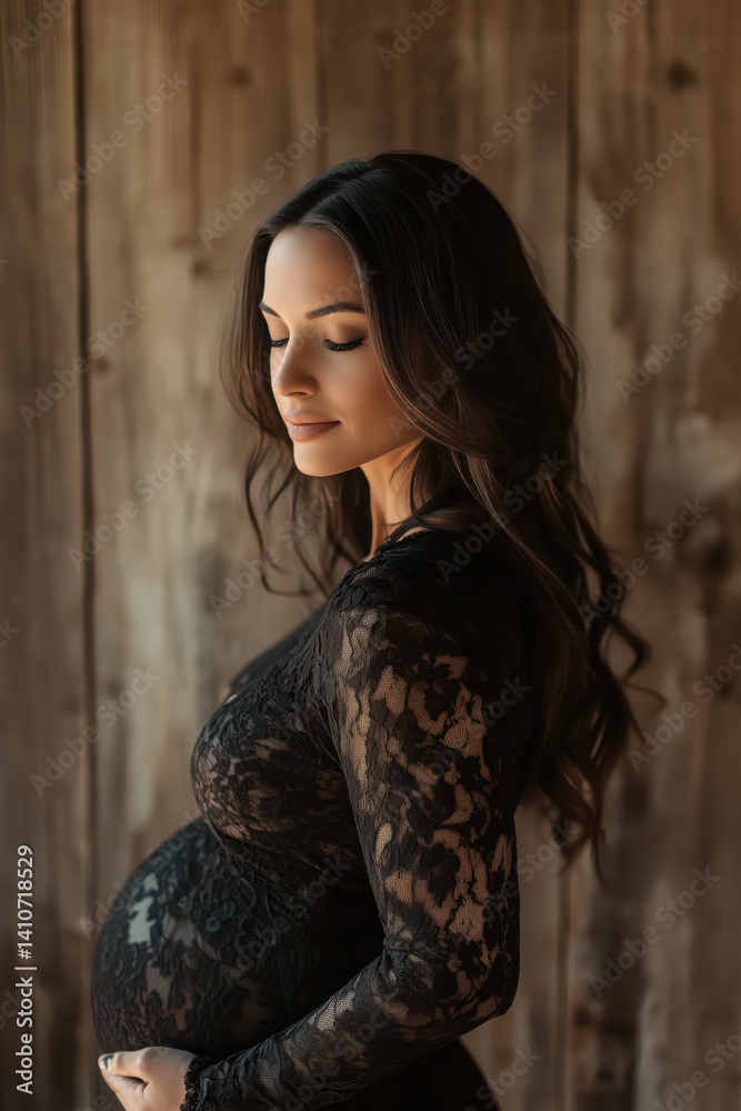 Fototapeta premium Portrait of a pregnant woman in elegant lace attire by wooden background