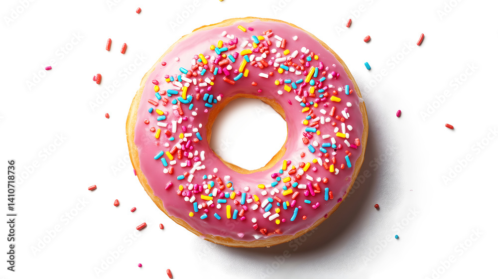 A pink frosted doughnut with sprinkles on top A pink frosted doughnut with sprinkles on top