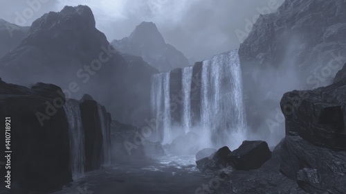 Misty mountain waterfall landscape