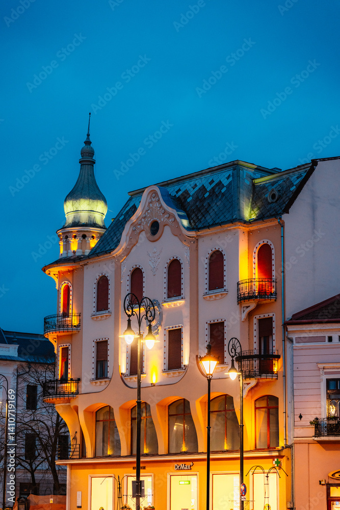 Fototapeta premium Oradea, Romania with historic buildings in Union Square , The Capital of Art Nouveau. Western Transylvania in Romania. Historical cultural city in europe