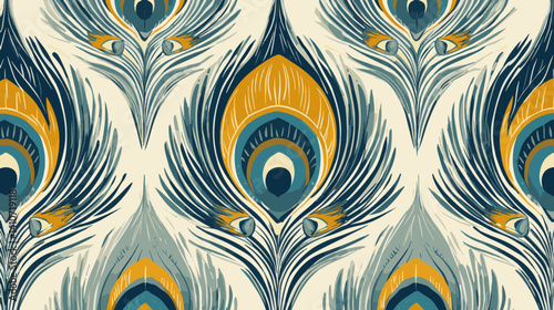 Seamless Vector Pattern of Elegant Peacock Feathers in Teal and Gold for Decorative Background Design
