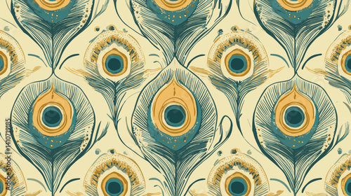 Seamless Vector Pattern of Elegant Peacock Feathers in Teal and Gold for Decorative Background Design