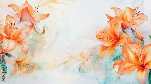 watercolor botanical Lilly flowers texture template background.Elegant wedding invitation card background . Minimal hand painted Design for wedding or Valentine's Day