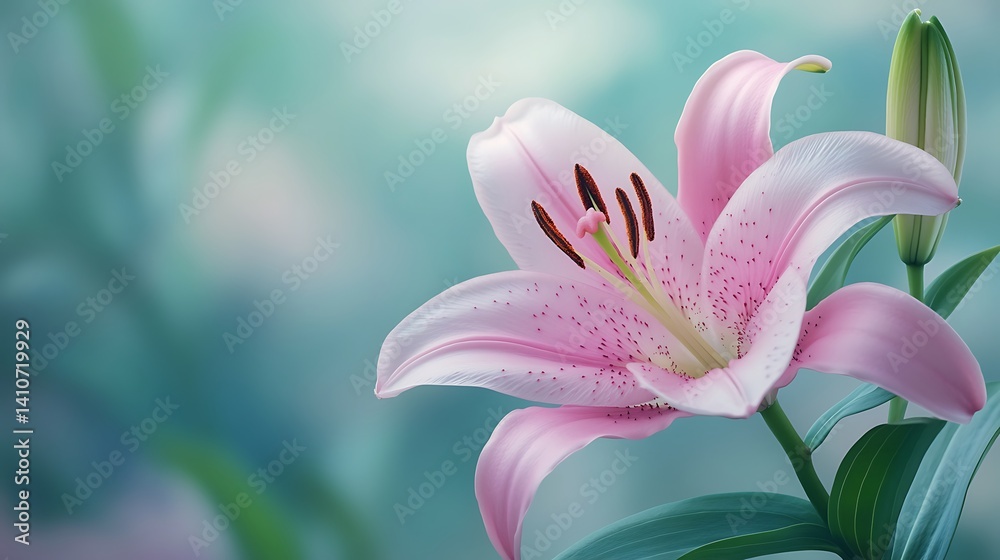 Fototapeta premium A pink lily with soft, graceful petals, creating a gentle and serene atmosphere