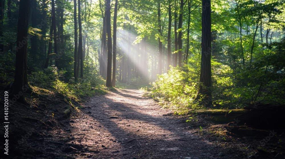 Fototapeta premium Sunlight streams through trees illuminating a forest pathway for a hike