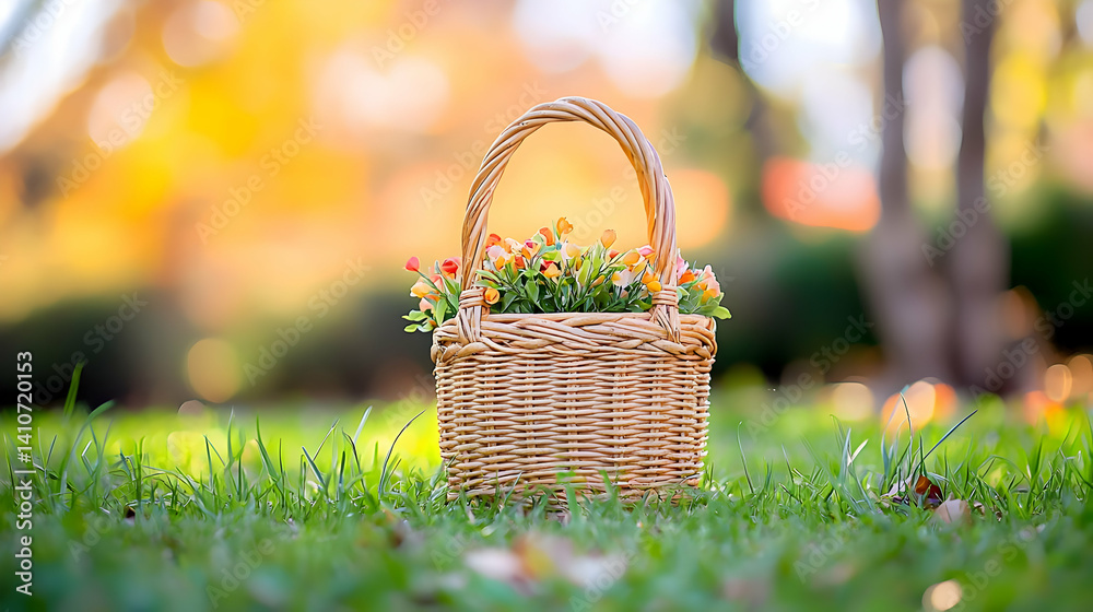Wicker Basket With Flowers In Autumn Meadow Wicker Basket With Flowers In Autumn Meadow
