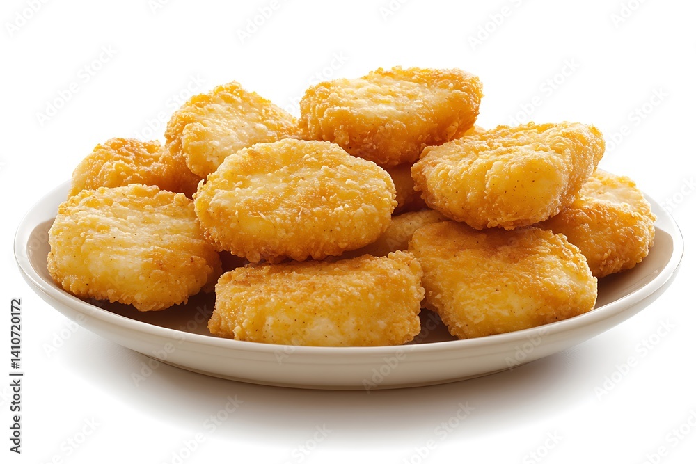 A plate of appetizing chicken nuggets, crispy and golden, isolated on a white background A plate of appetizing chicken nuggets, crispy and golden, isolated on a white background