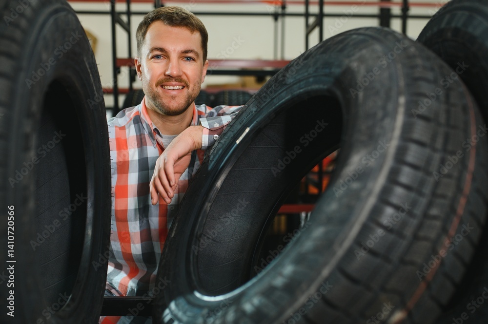 Fototapeta premium Portrait young man customer examining brand and product characteristics while buying new tires in auto department of dealership. Male client choosing car accessories shopping mall