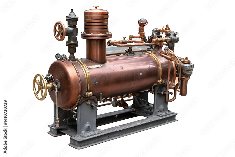 Fototapeta premium Vintage copper boiler with steam pipe for industrial engineering tech 