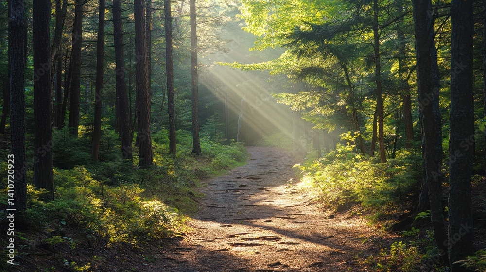 Fototapeta premium A sunlight path through a lush forest guides the viewer forward