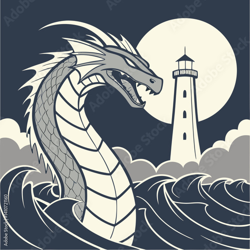 Majestic sea serpent curls around an ancient lighthouse under a stormy night sky in this dramatic vector illustration.