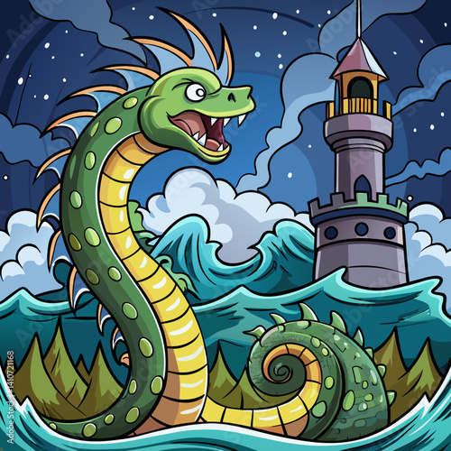 Majestic sea serpent curls around an ancient lighthouse under a stormy night sky in this dramatic vector illustration.