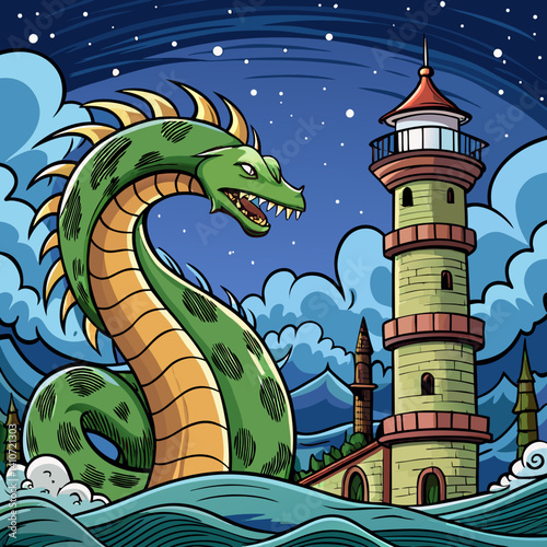 Majestic sea serpent curls around an ancient lighthouse under a stormy night sky in this dramatic vector illustration.