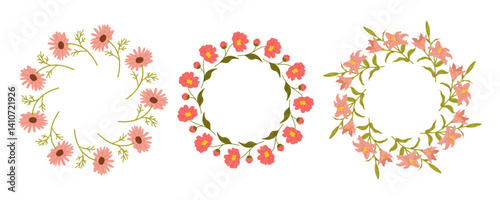 Set of Spring flowers circles. Floral botanical elements with cute spring flowers and leaves. Floral plant branches, stems with blooming blossoms and leaf. Tulips, snowdrops, crocuses, lilies. Flat