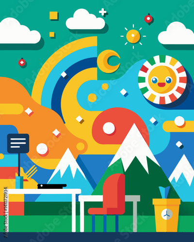 A bright and whimsical mural adorns the walls of the school created by students through a coding workshop.. Vector illustration