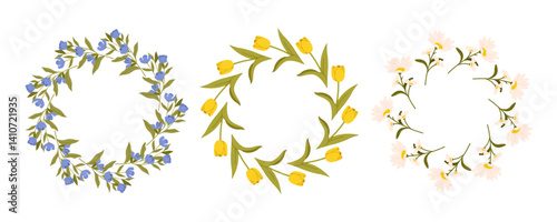 Set of Spring flowers circles. Floral botanical elements with cute spring flowers and leaves. Floral plant branches, stems with blooming blossoms and leaf. Tulips, snowdrops, crocuses, lilies. Flat