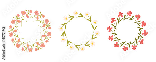 Set of Spring flowers circles. Floral botanical elements with cute spring flowers and leaves. Floral plant branches, stems with blooming blossoms and leaf. Tulips, snowdrops, crocuses, lilies. Flat