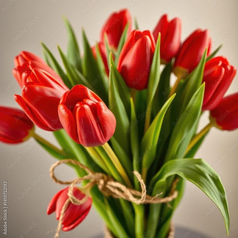 Obraz premium A vibrant bouquet of red tulips, elegantly tied with natural raffia, garden, red, fresh