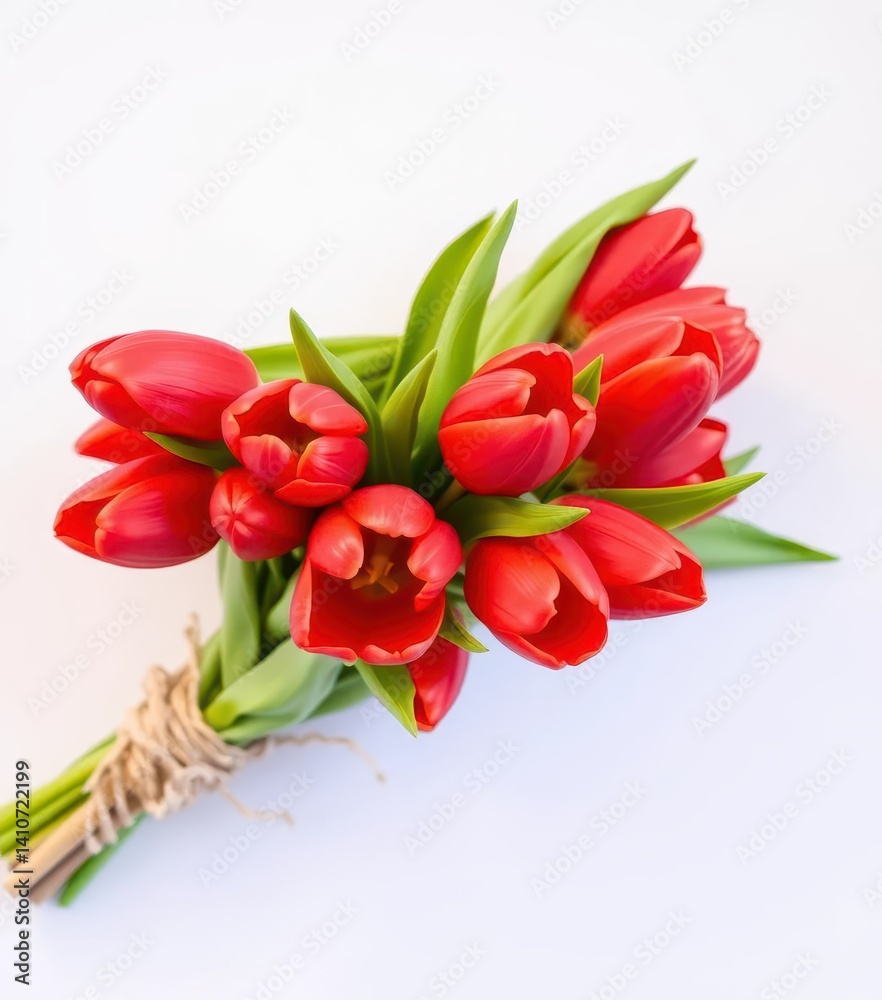 Fototapeta premium A vibrant bouquet of red tulips tied simply with raffia, anniversary, simple