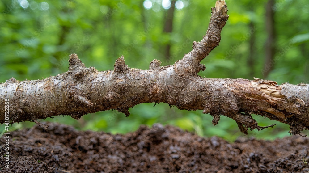 Fototapeta premium Weathered Branch in Forest with Muddy Surface and Green Foliage