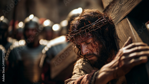 Jesus Christ carries the cross to Golgotha.