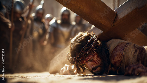 Jesus Christ fell with a cross.