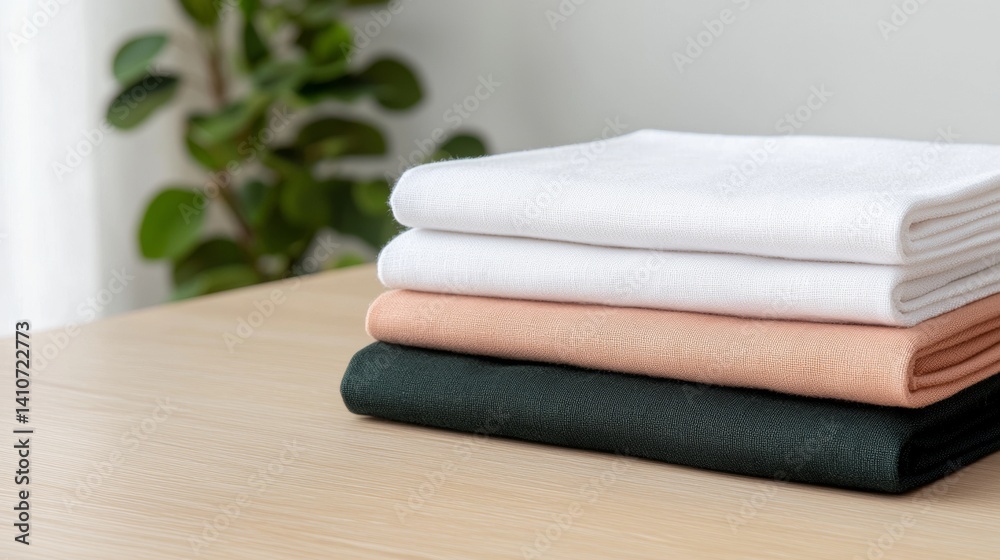 Stack of neatly folded colorful bed linens on a light wooden table. Stack of neatly folded colorful bed linens on a light wooden table.