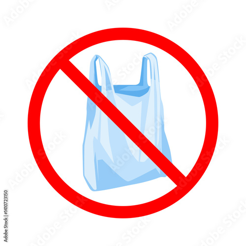 No plastic bag prohibited red ban icon vector illustration. No plastic bag forbidden symbol. Say no to plastic flat design.
