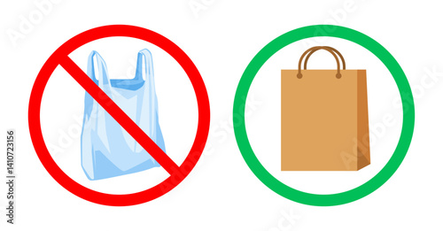 Plastic bags ban prohibited icon and paper bags allowed icon set. No plastic bag forbidden symbol. Say no to plastic flat design.