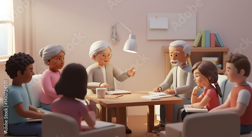 Cartoon People Having Group Meeting at Table Indoors