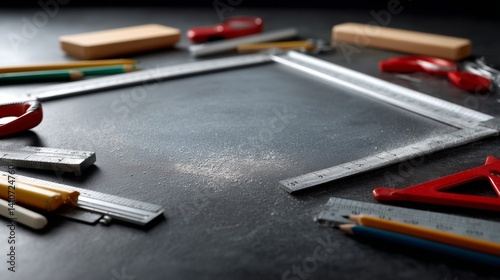 Diverse array of drafting tools arranged on a sleek work surface