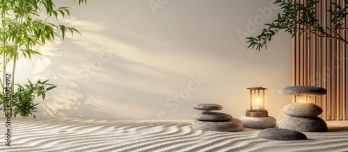 Zen garden scene featuring sand stones and a glowing lantern