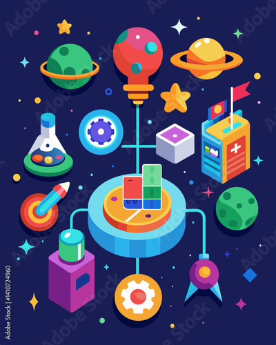A game filled with colorful illustrations and animations all created by students bringing to life complex scientific concepts in a fun and engaging way.. Vector illustration