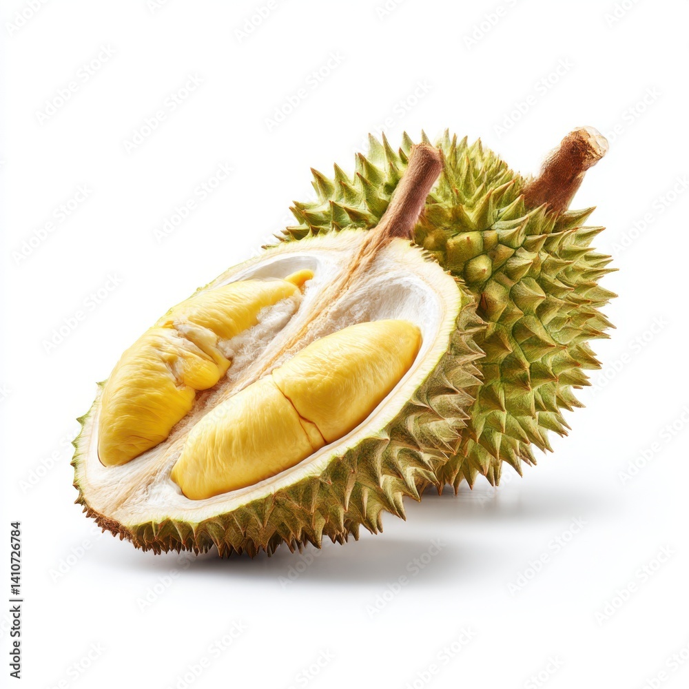 Fototapeta premium Section of durian fruit showing yellow flesh isolated on white background