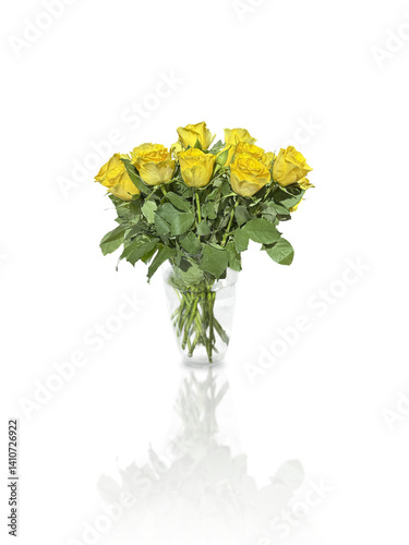 Bouquet of yellow roses in a glass vase, isolated on transparent background. Fresh, elegant and vibrant floral arrangement.