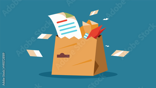 A torn paper bag with confidential information spilling out like groceries.. Vector illustration
