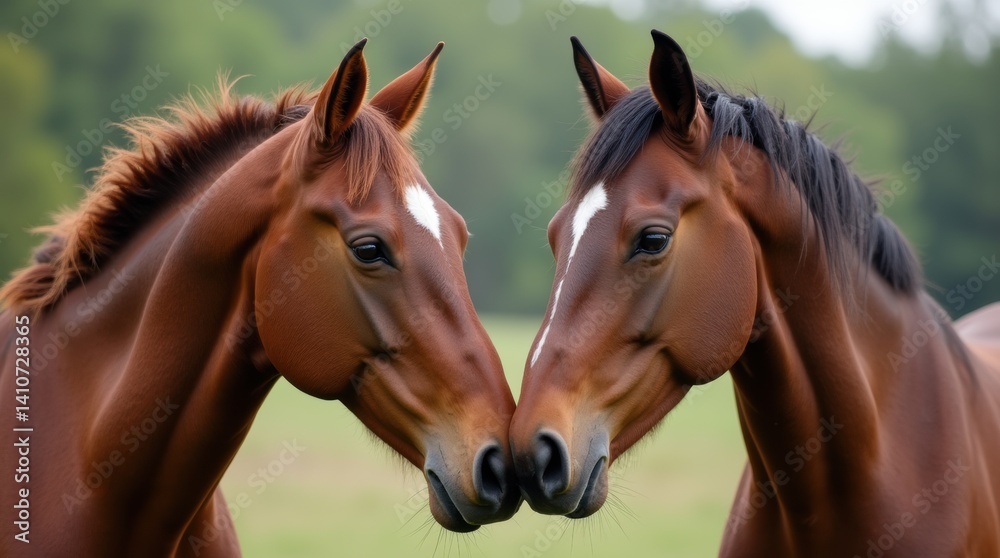 Obraz premium Portrait of Stallion and Mare Horses in Love, Nosing Each Other 