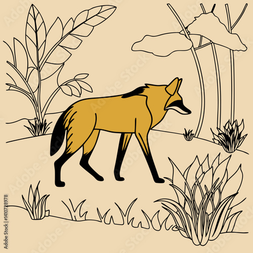 Majestic Maned Wolf with golden-red coat, South America’s tallest wild canid, illustrated in its natural Cerrado habitat.