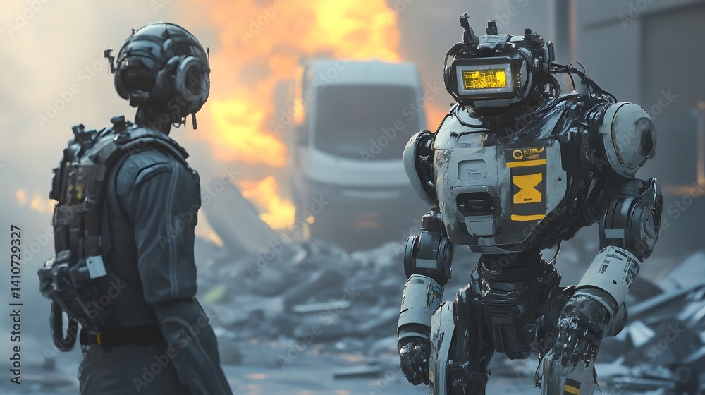 Naklejka premium Cybernetic Sentinel: A futuristic scene depicting a human figure alongside a advanced robot, the backdrop reveals a scene of chaos, fire engulfing a vehicle, perhaps a collision or explosion.