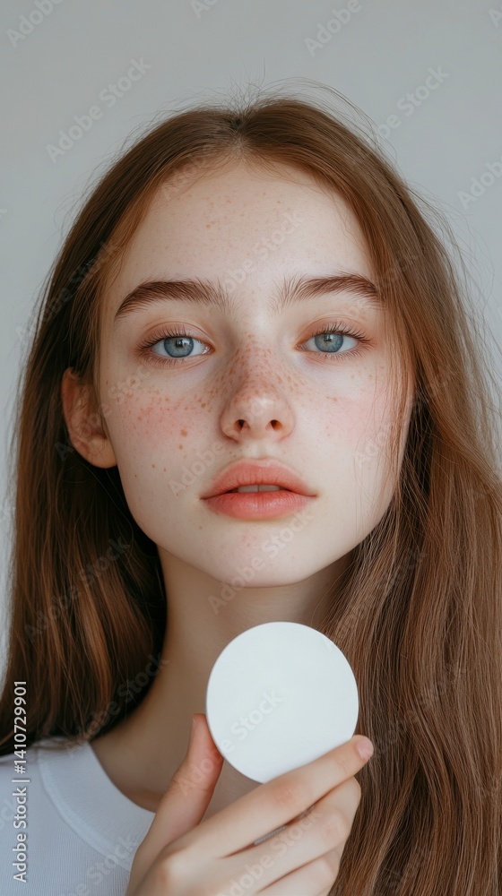 Serene Beauty with White Product - Young woman with Flowing Hair in Soft Focus Portrait