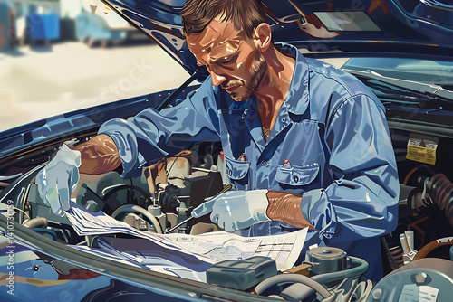 A mechanic in blue overalls is working on an open car hood, holding tools and writing notes on paper while he examines the engine of his vehicle in a 