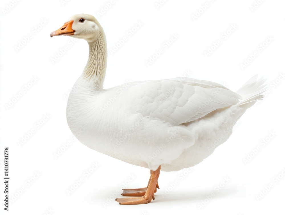 A white domestic goose with fluffy feathers, standing gracefully, isolated on a white background A white domestic goose with fluffy feathers, standing gracefully, isolated on a white background