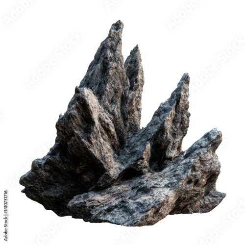 Sharp rock formation close up view on transparent background