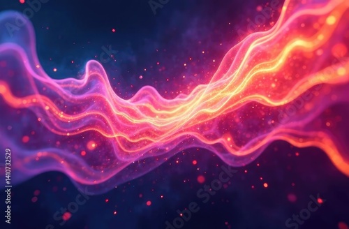 Pink and yellow waves on a blue background with light particles. photo